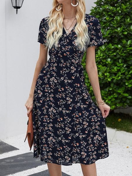 floral print wrap belted dress j48q#, Black;gray